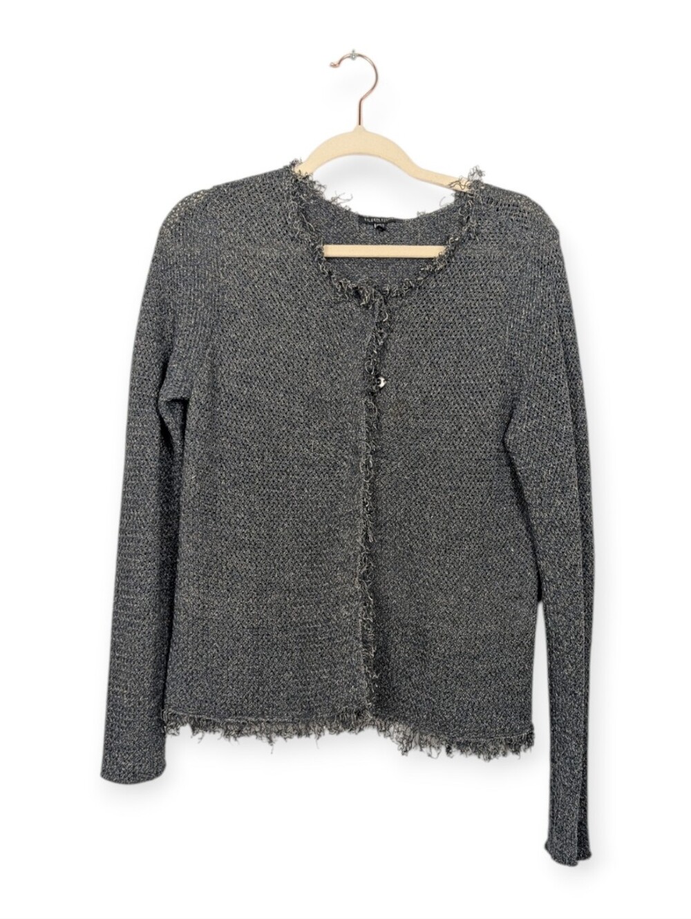 Eileen Fisher Gray Textured Knit Raw Edge Button Front Cardigan Sweater Size PM